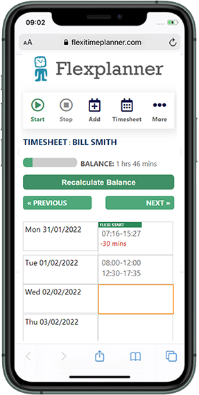 Flexi Time Software on an iphone